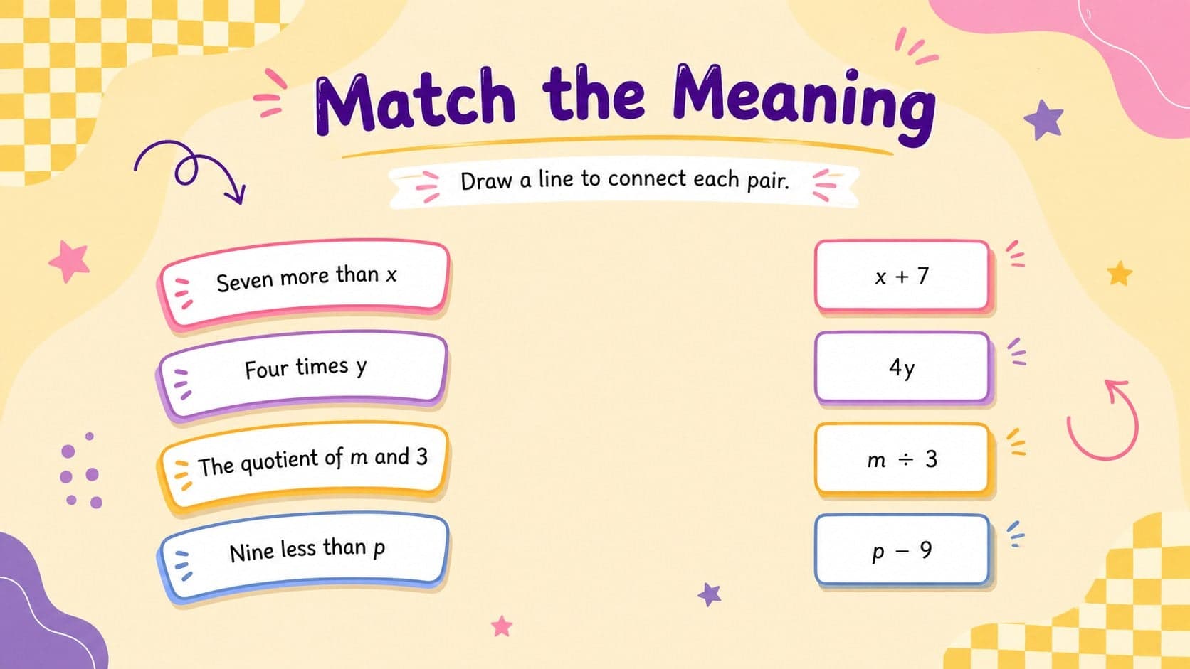 Interactive algebra matching activity pairing word phrases with symbolic expressions.