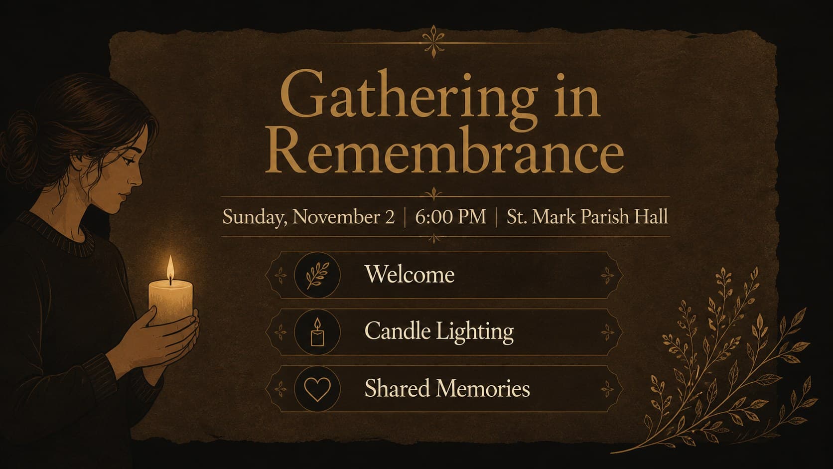 Memorial ceremony information slide showing candlelight event details in an elegant black and brown presentation design.