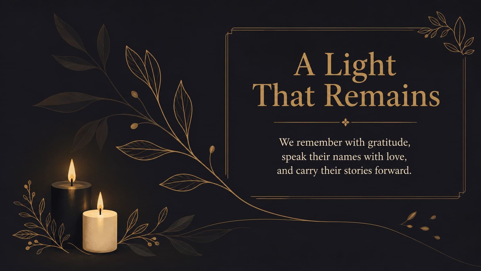 All Souls Day tribute presentation slide with a remembrance message, candle motif, and botanical line art.
