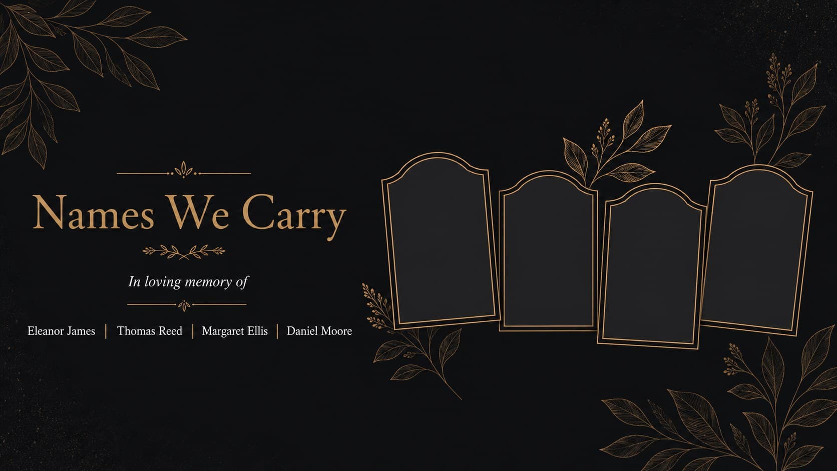 All Souls Day memorial slides layout for names and memories, featuring framed photo spaces and brown botanical accents.