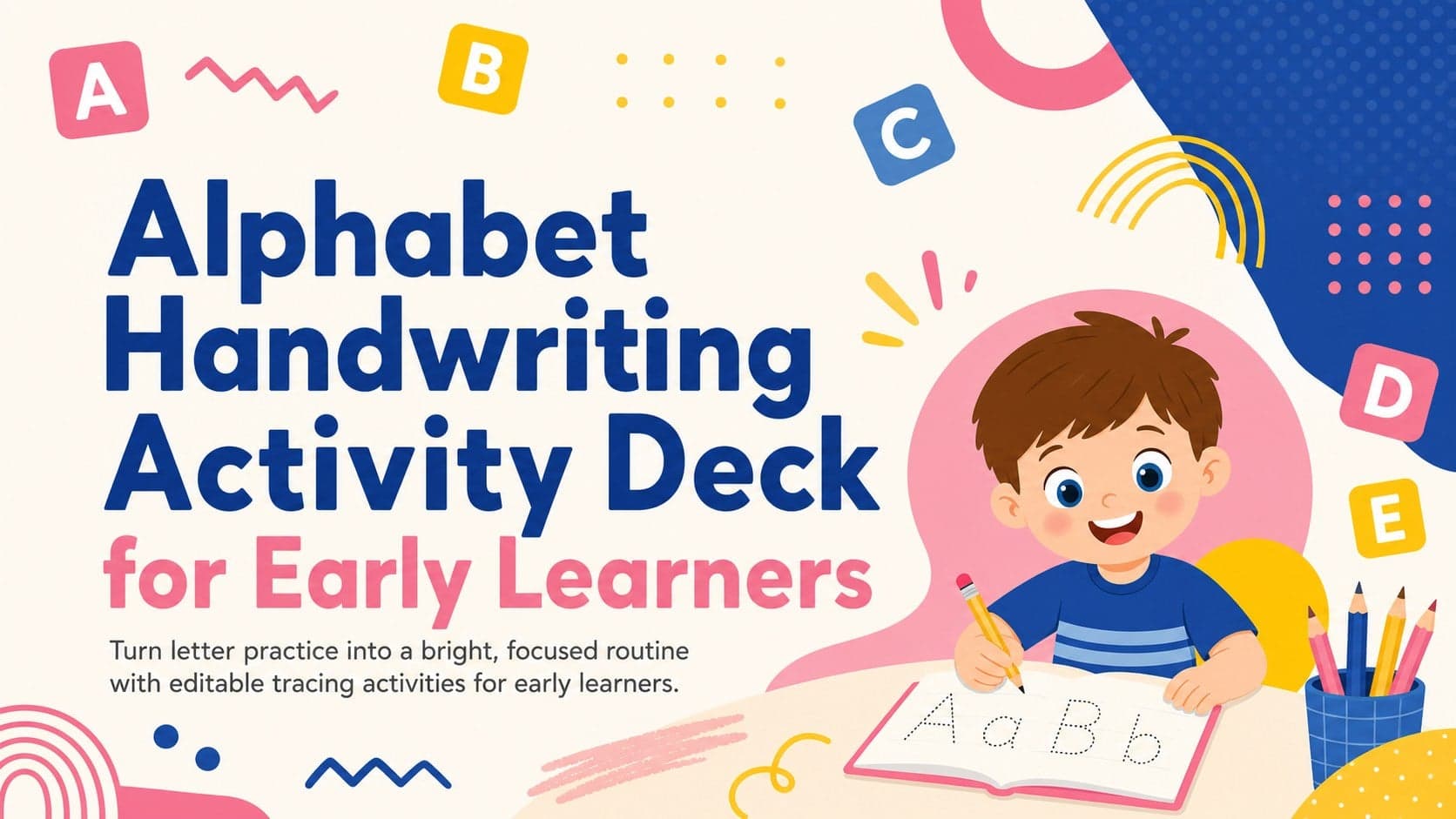 Colorful cover for an alphabet handwriting activity deck with playful pink, blue, and yellow abstract shapes.