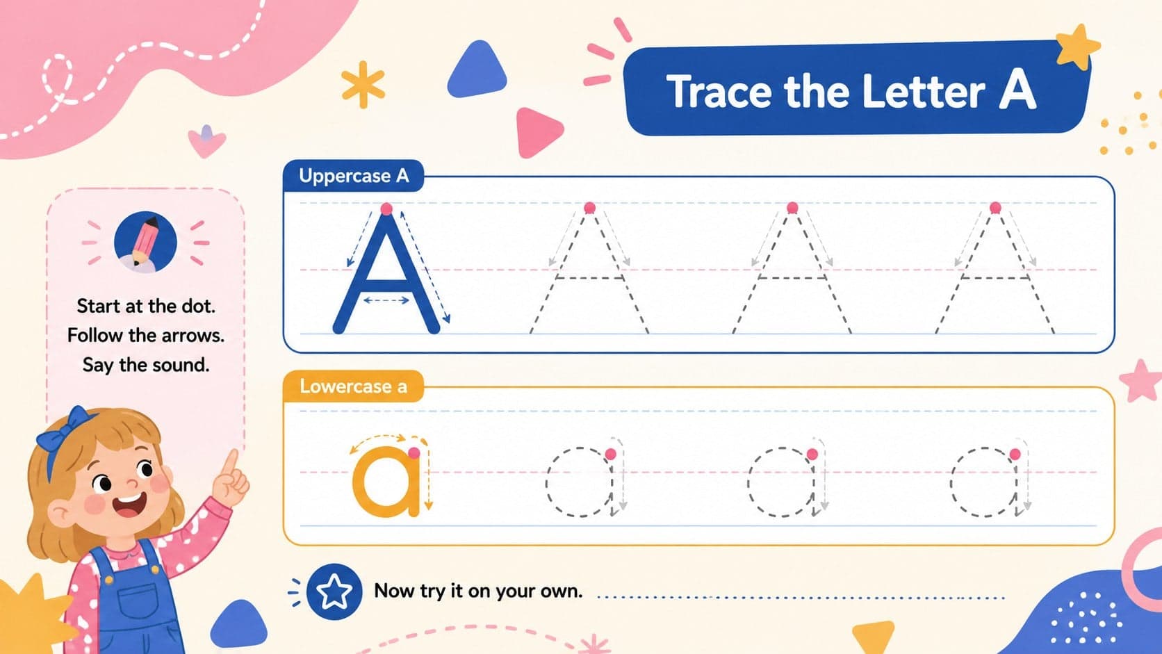 Editable alphabet tracing slide showing uppercase and lowercase letter formation practice for preschool learners.