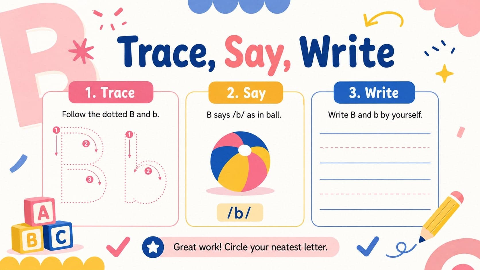 Bright trace say and write activity slide for printable letter writing practice in an early literacy lesson.