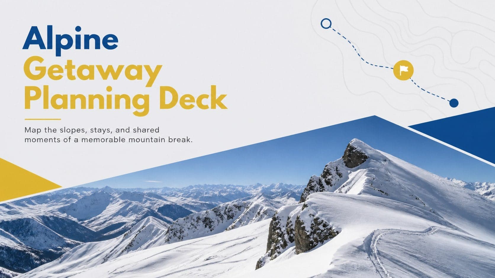 Cover of the Alpine Getaway Planning Deck with a snowy mountain scene in blue, grey, and yellow.