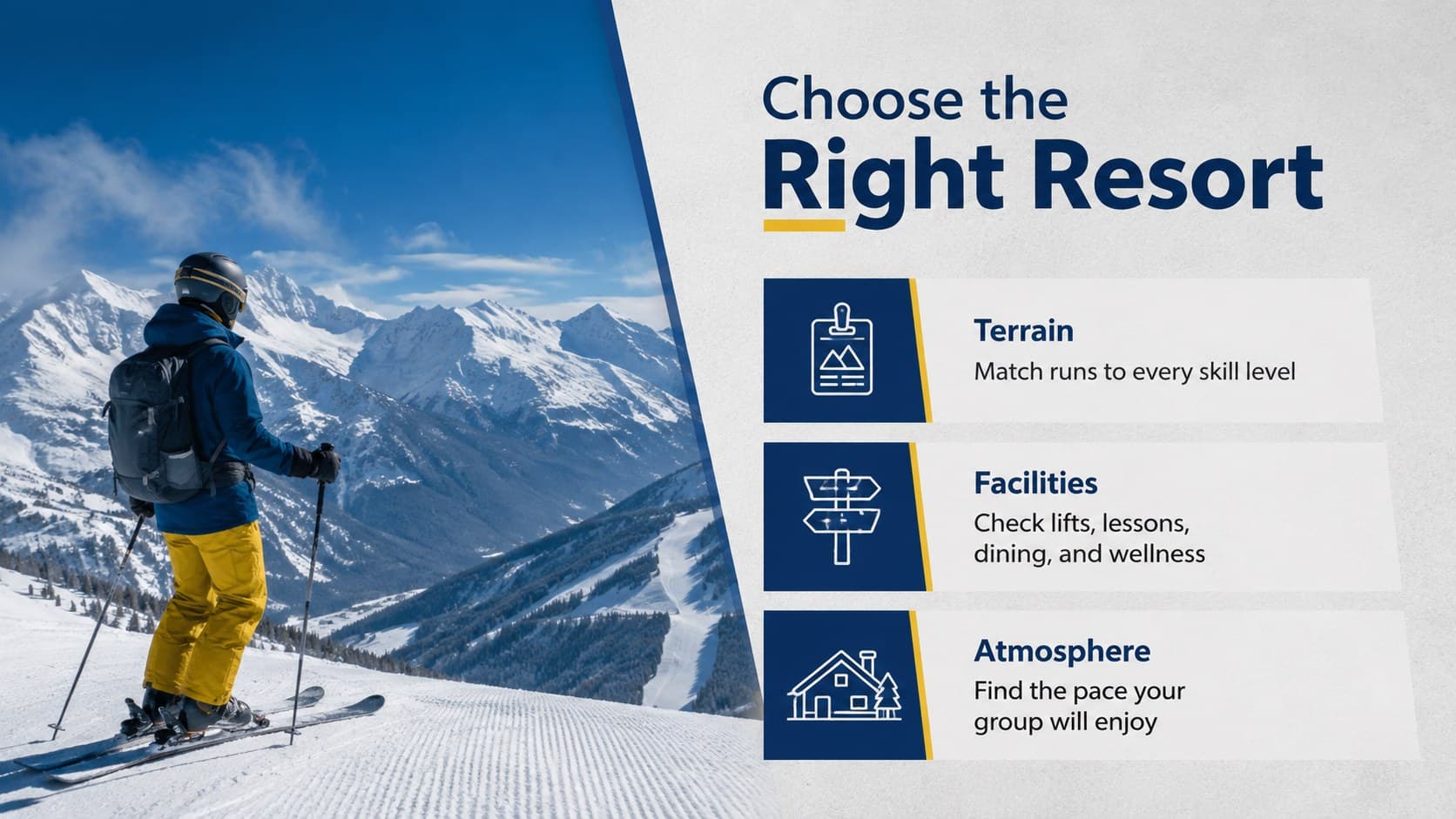 Mountain resort presentation theme slide comparing terrain, facilities, and atmosphere.