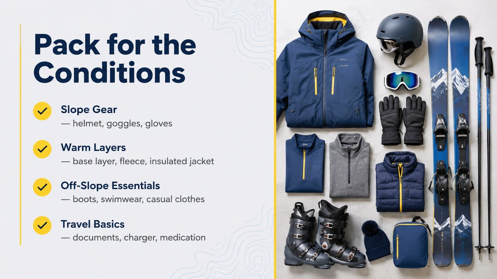 Winter retreat packing checklist slide organized into gear, clothing, and essentials.