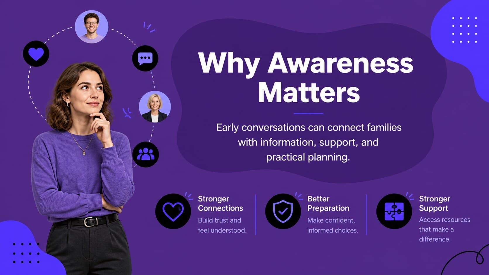 Educational slide explaining why Alzheimer's awareness matters through supportive community-focused messaging.