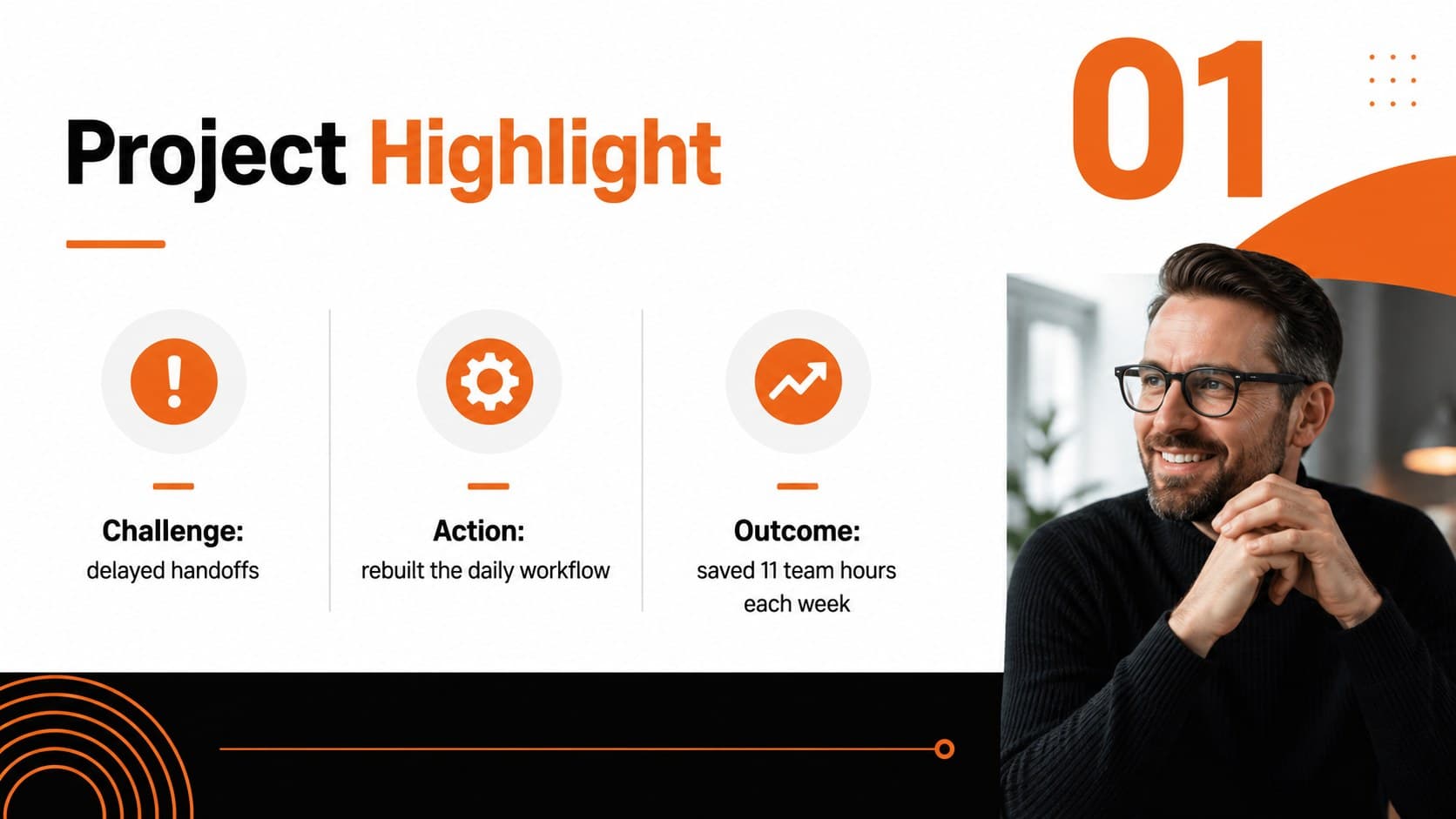 Project case study slide showing a concise challenge, action, and outcome structure for a career portfolio.