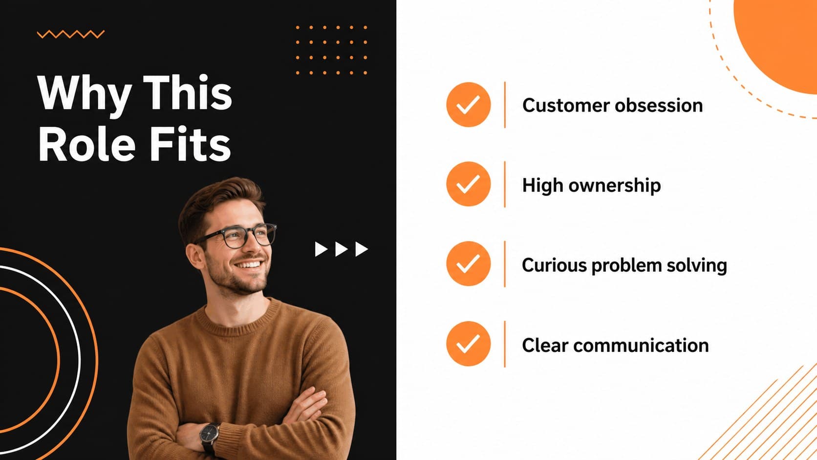 Candidate fit slide summarizing strengths and role alignment in a professional resume presentation.