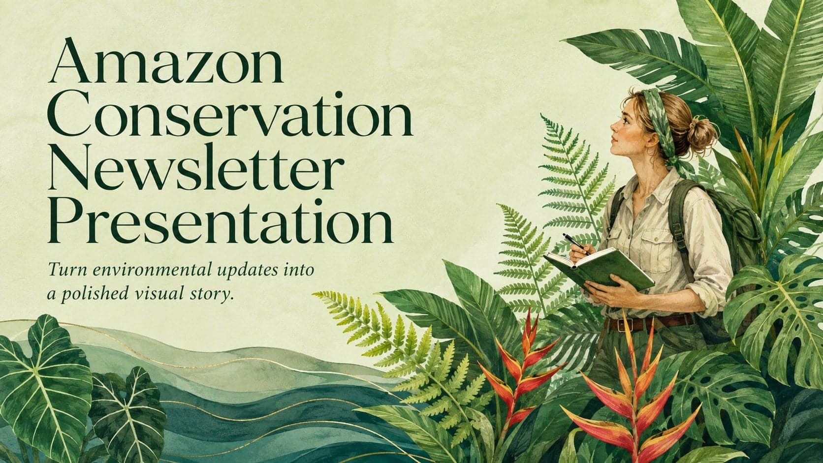 Cover of an Amazon conservation newsletter presentation with layered tropical foliage and an elegant editorial title.