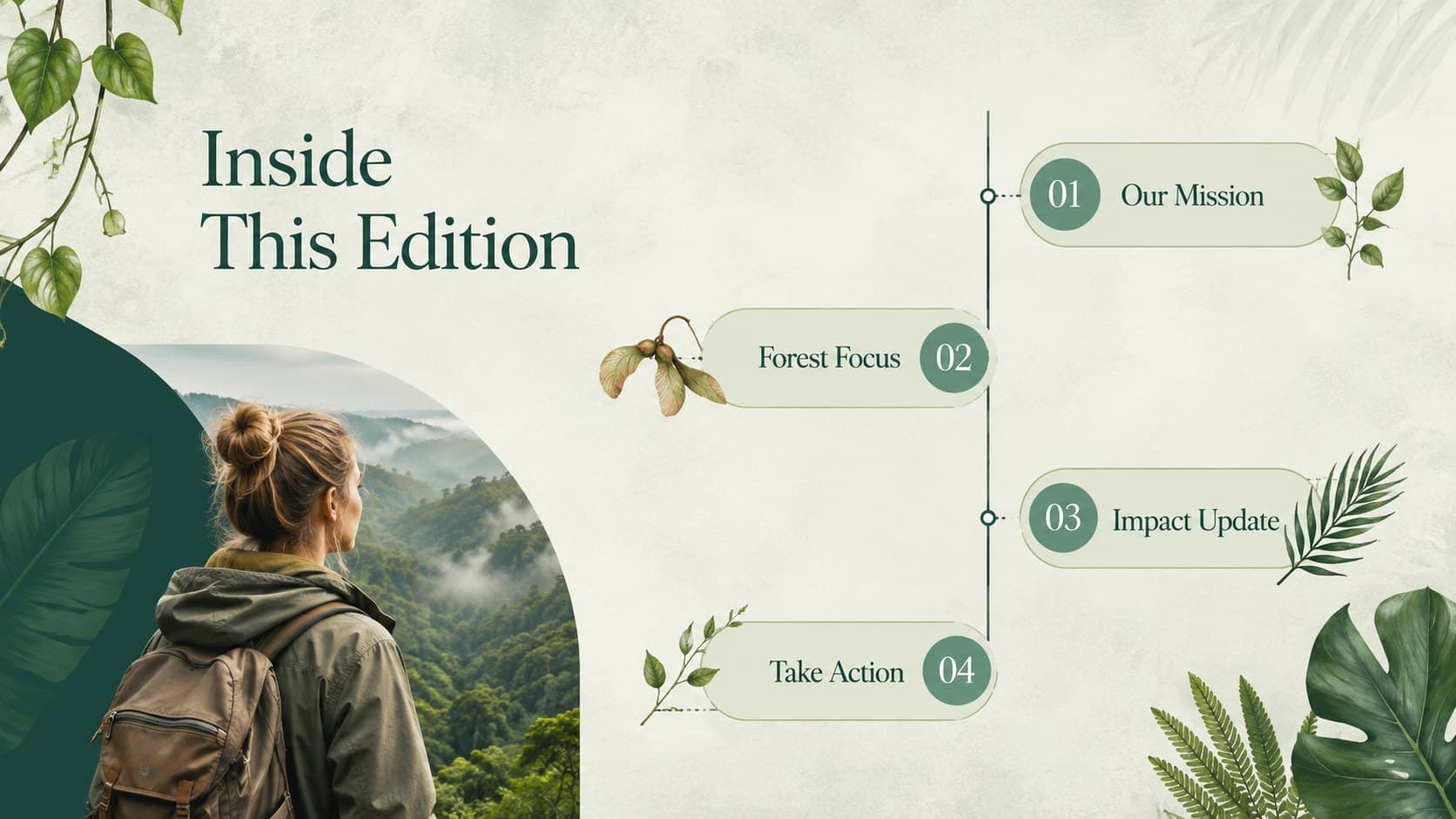 Rainforest campaign newsletter slides agenda featuring four editorial sections in a fresh green botanical design.