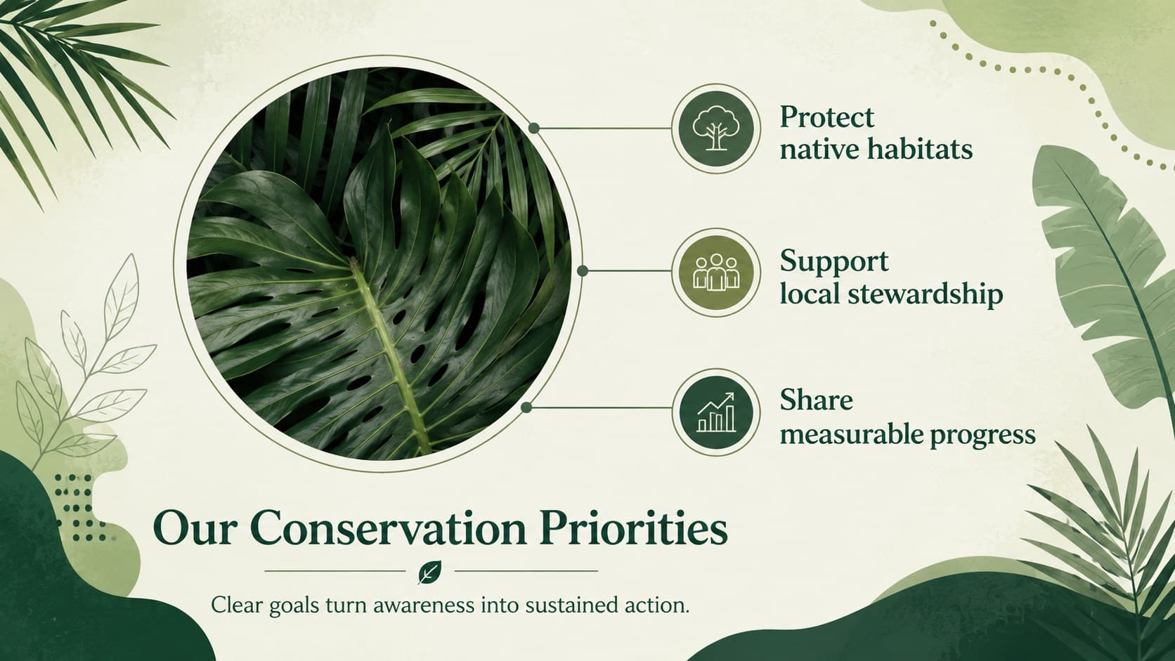 Amazon conservation newsletter presentation slide outlining campaign goals with three botanical icon sections.