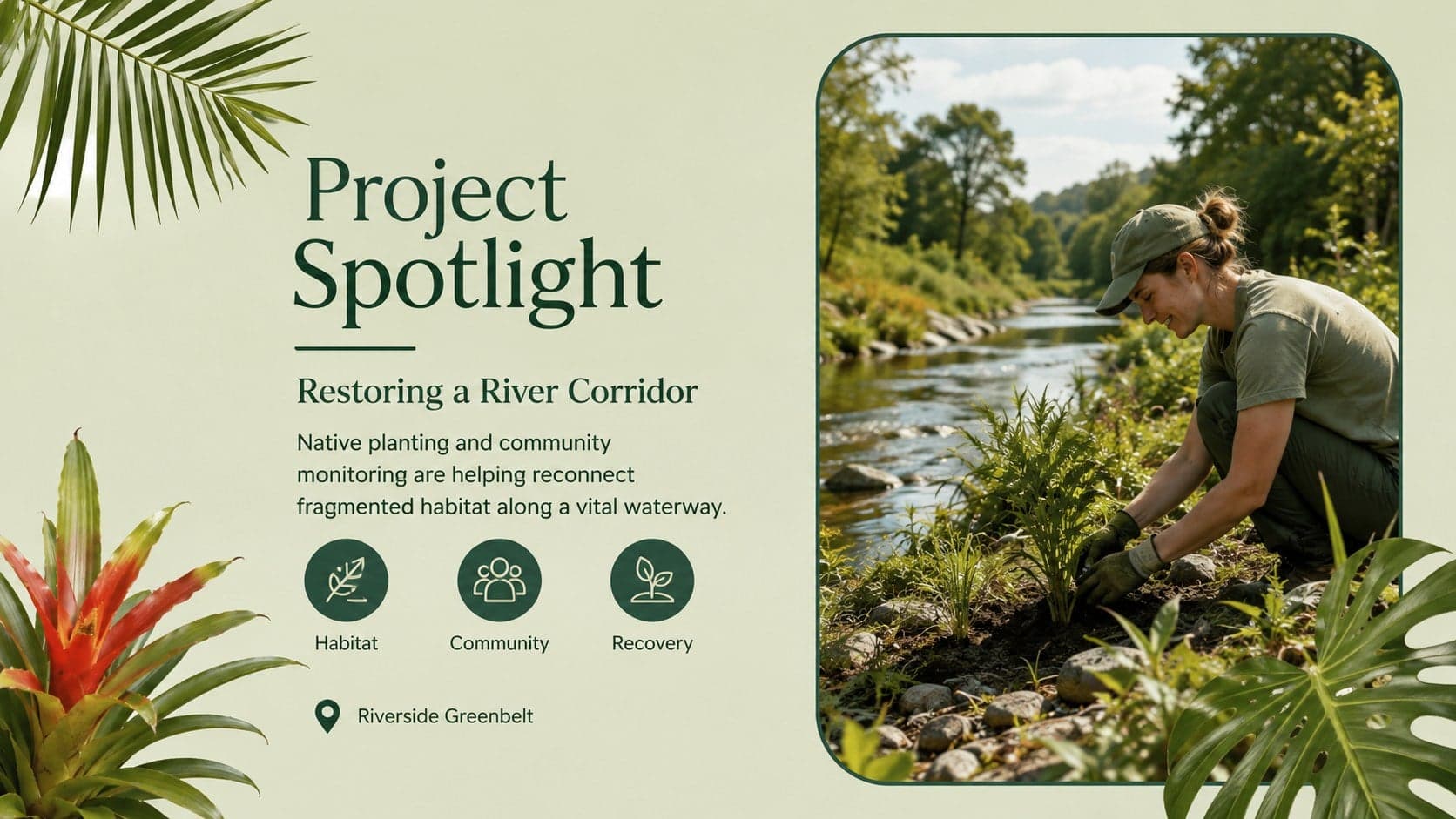 Green editorial presentation theme showcasing a featured reforestation project with image and project details.