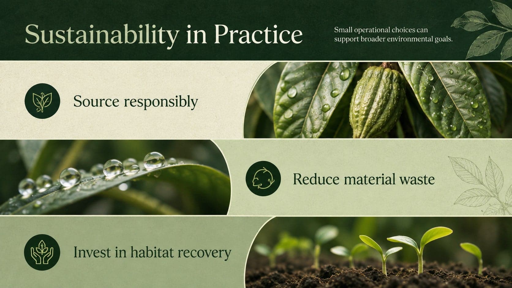 Eco-friendly marketing presentation template page with three practical sustainability commitments and leaf illustrations.