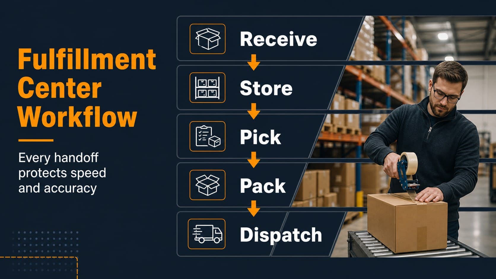 Fulfillment center workflow slide showing inbound receiving, storage, picking, packing, and dispatch stages.