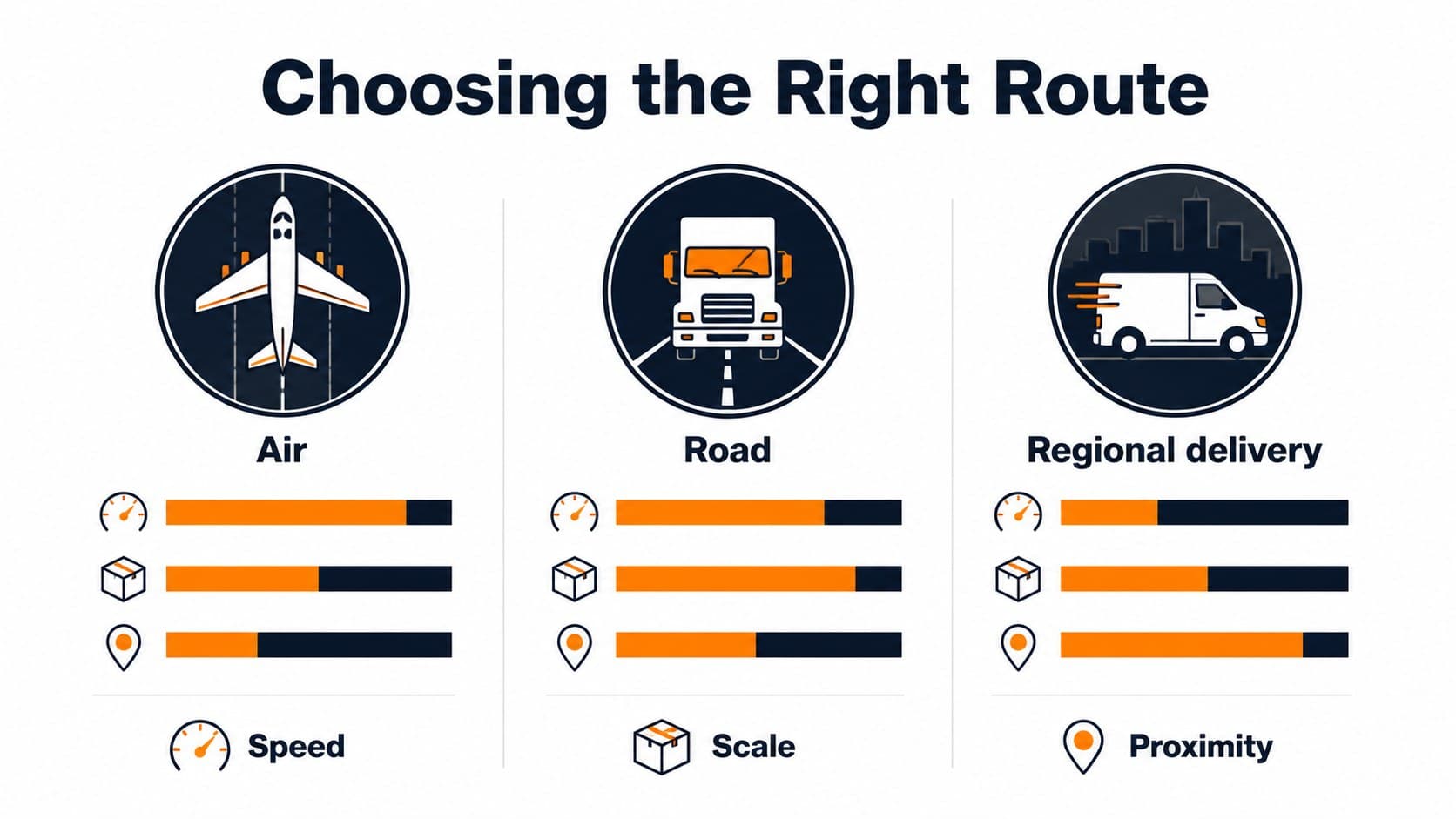 Transportation strategy slide comparing air, road, and regional delivery modes for logistics planning.