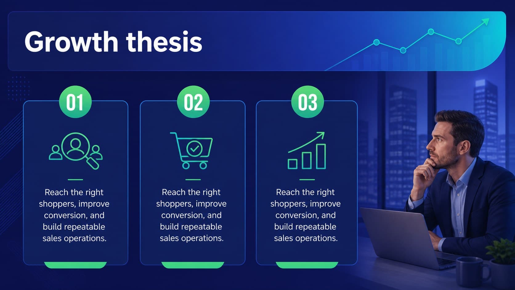 Business overview slide showing marketplace goals and strategic focus for an ecommerce growth presentation.