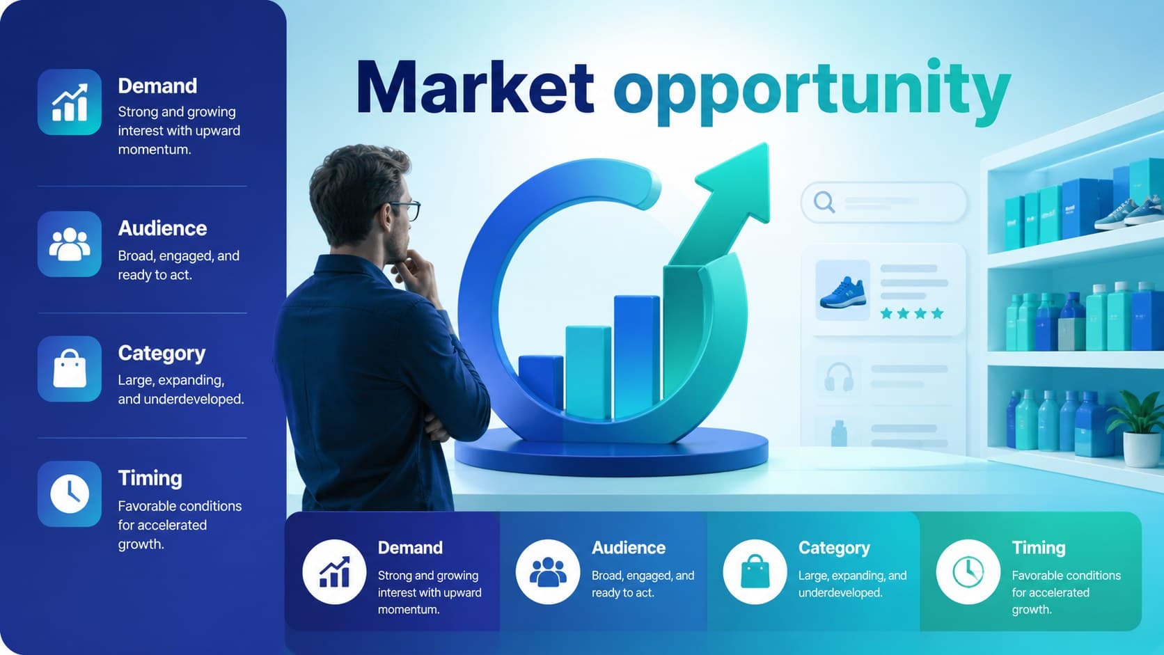 Market opportunity slide with customer segments and ecommerce demand insights in blue and green.
