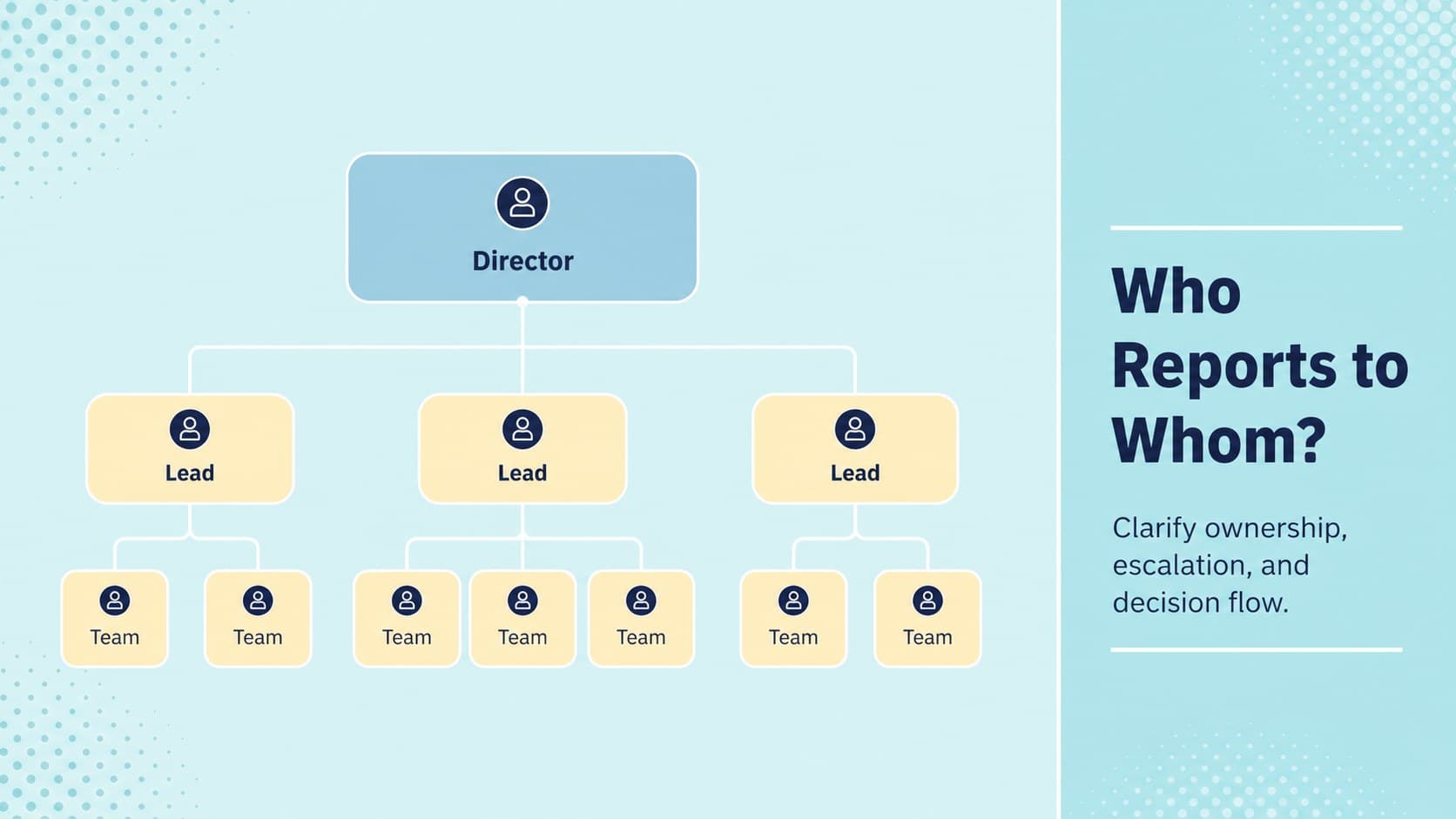 Organizational chart slide presenting senior teams and their reporting paths.