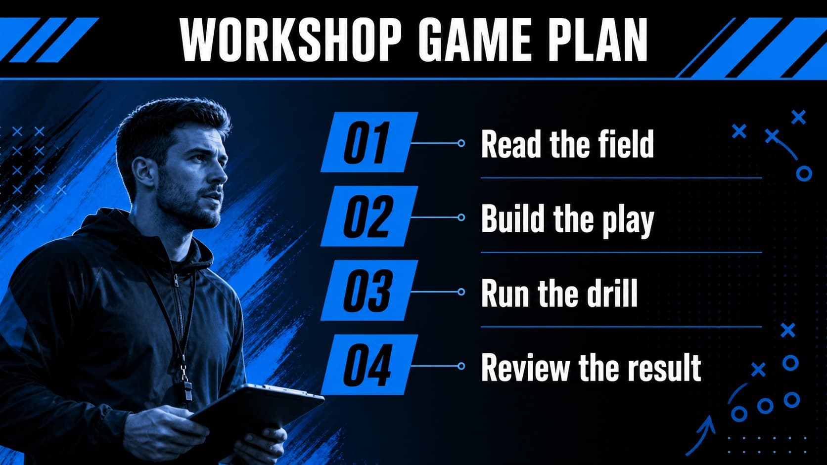 Workshop agenda slide showing a blue-black gridiron session outline with geometric sports graphics.