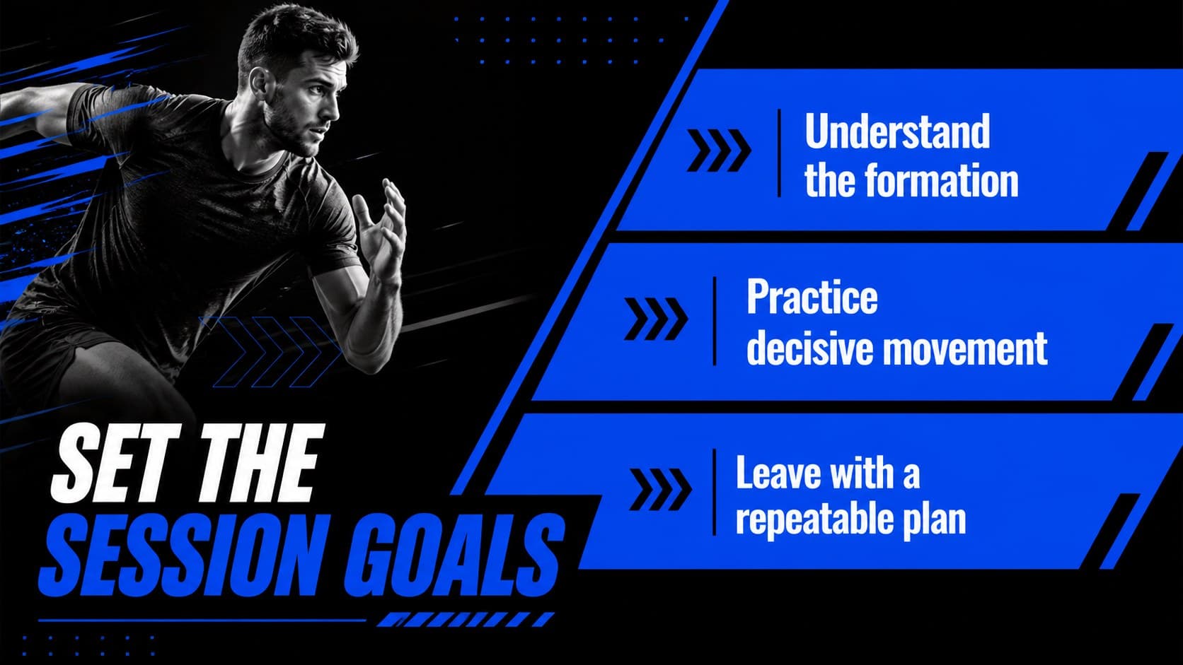 American football coaching slide with workshop goals arranged beside blue geometric field lines.