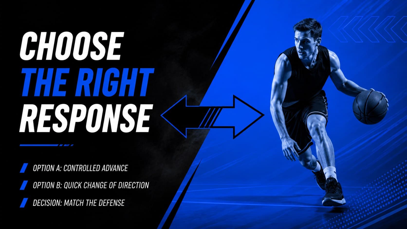 Sports training presentation slide comparing two strategic options with bold blue shapes and clean labels.