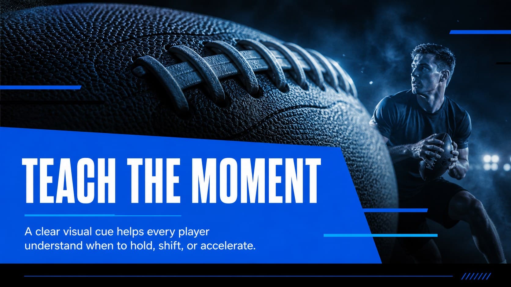 Coaching lesson slide with a large football image area, blue caption blocks, and black geometric accents.