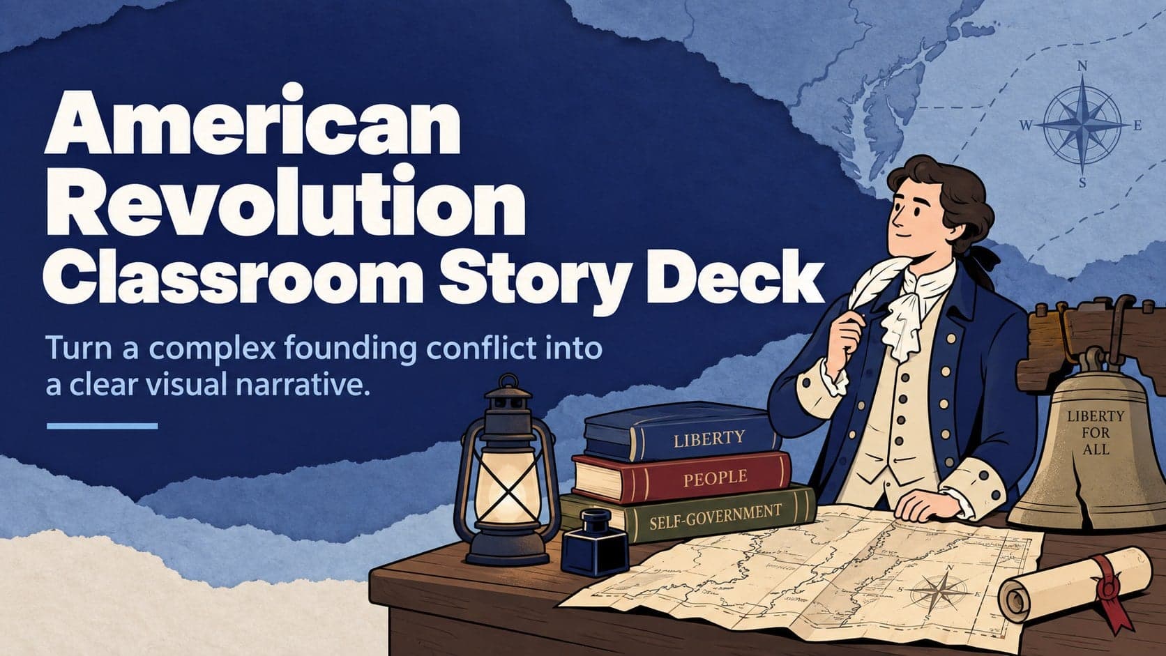 Blue illustrated cover for an American Revolution classroom story deck with colonial-era symbols and bold typography.