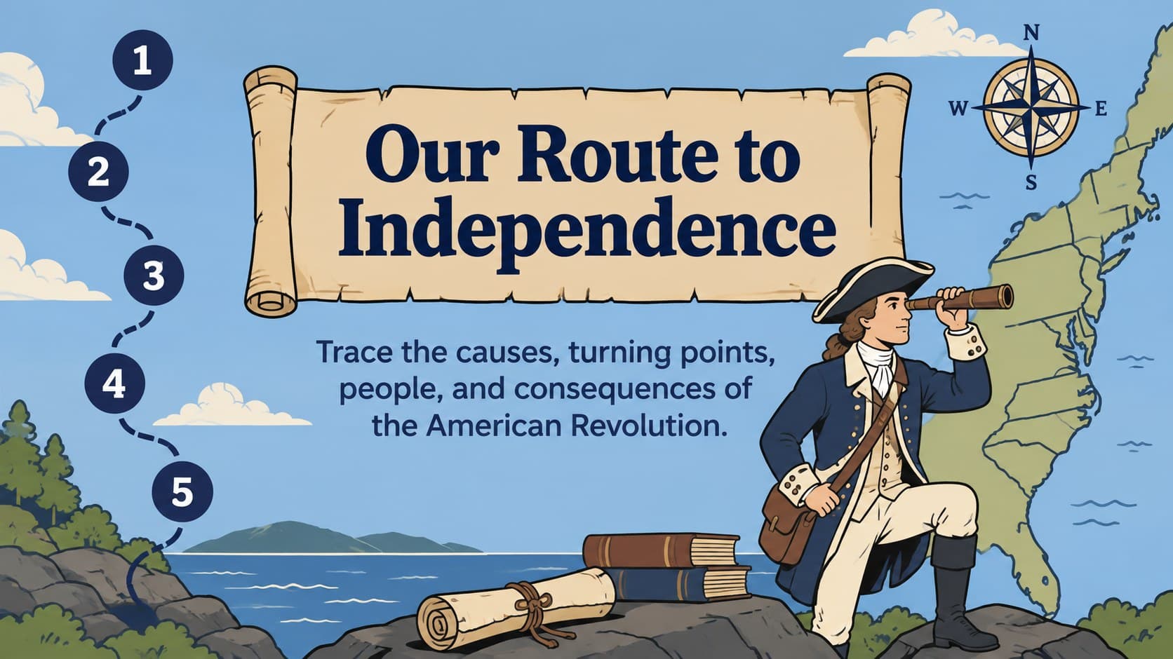 American Revolution lesson overview slide presenting learning goals beside an illustrated colonial map.