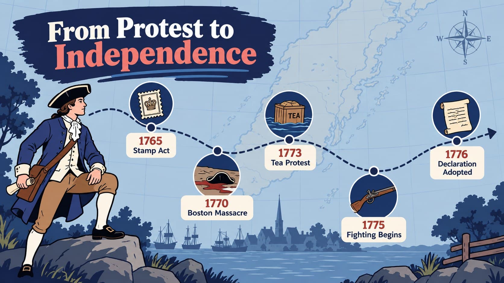 Revolutionary War timeline presentation showing major events from colonial protest to independence.