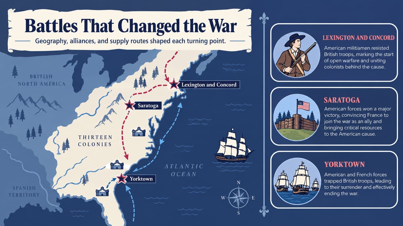 American Revolution battle map slide highlighting Lexington, Concord, Saratoga, and Yorktown.