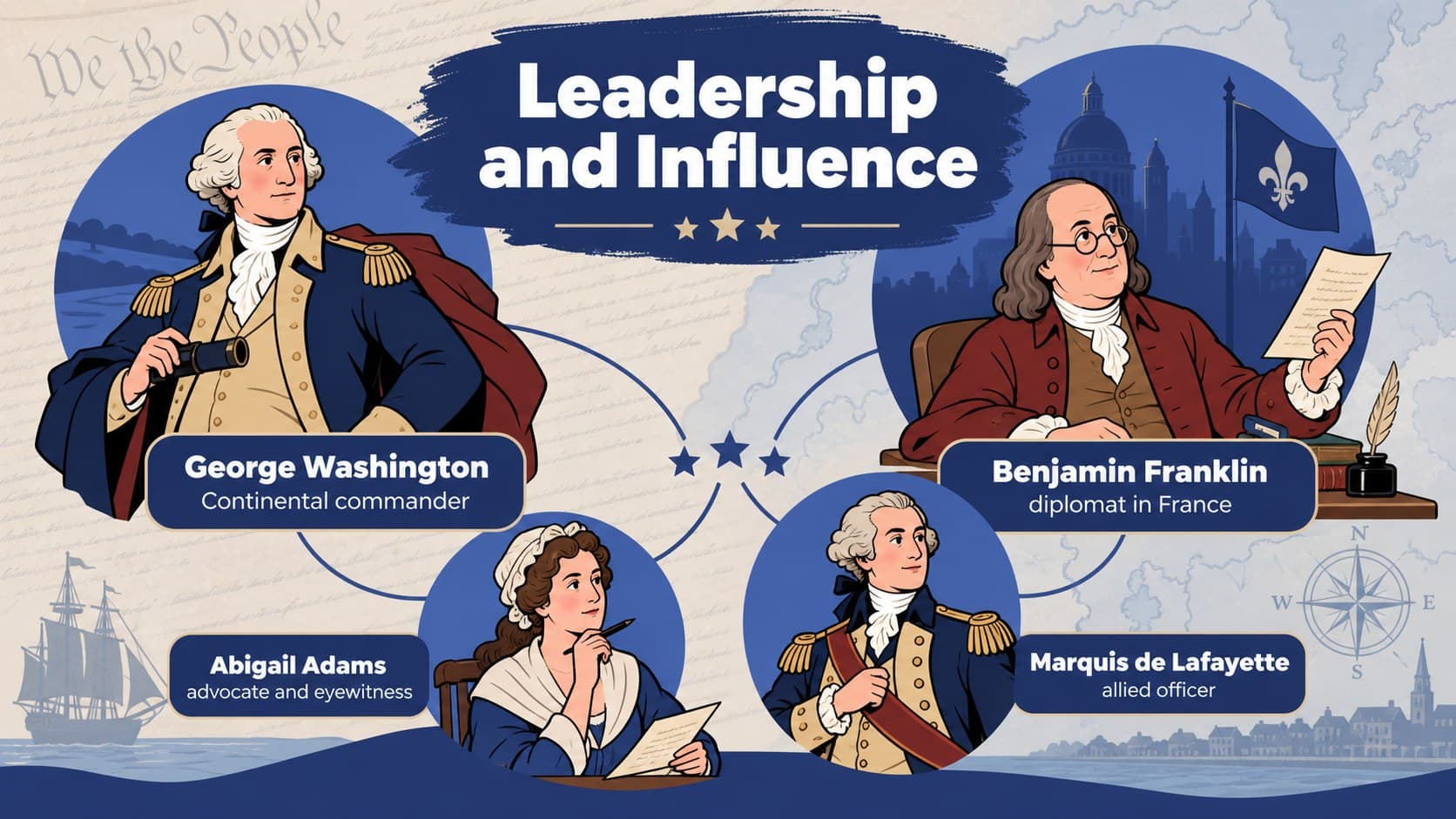 American Revolution key figures slide with original illustrated portraits and brief leadership summaries.