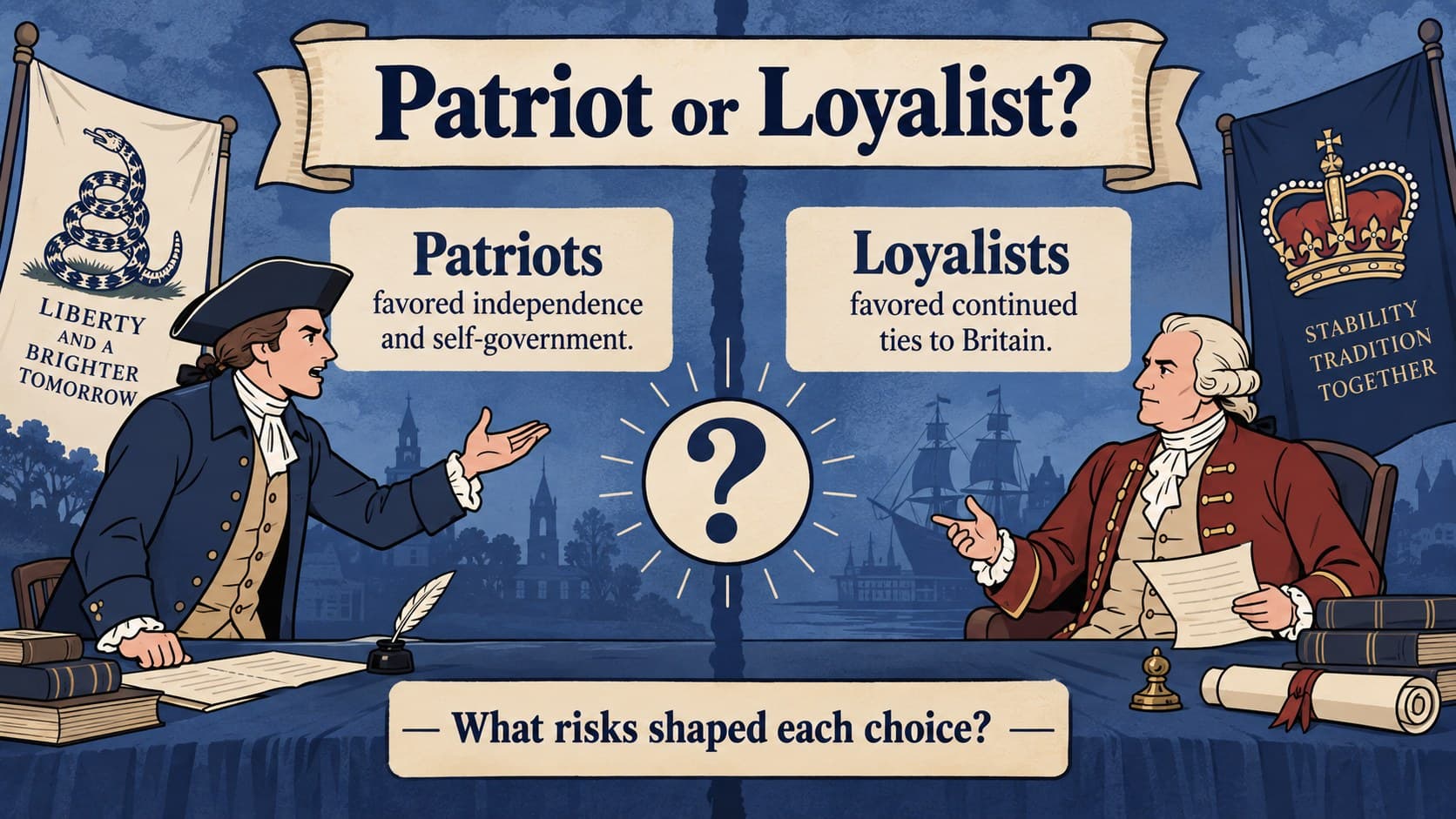 Patriot and Loyalist comparison lesson slide contrasting two colonial political viewpoints.