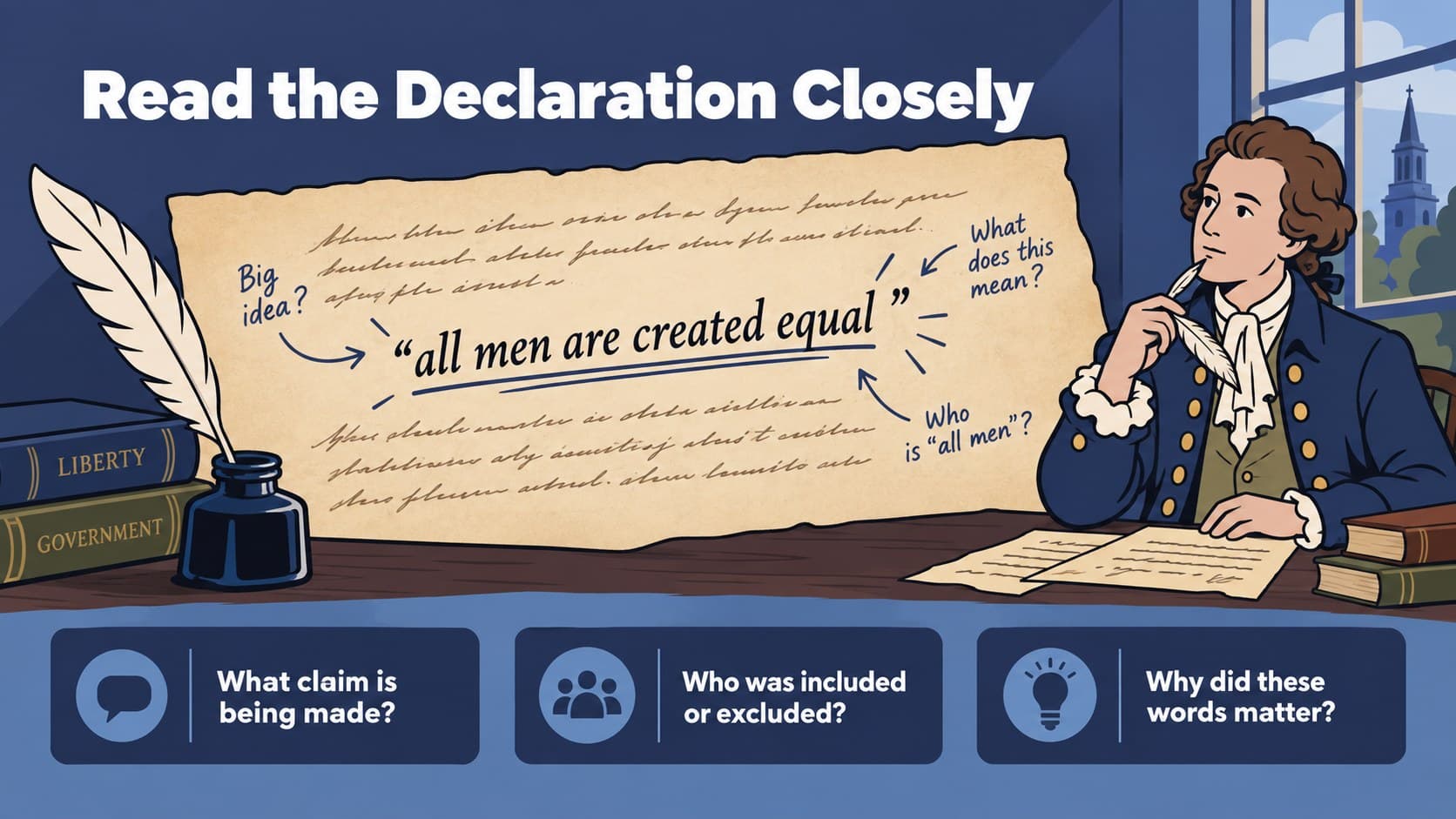 Declaration of Independence classroom slide featuring a primary-source analysis activity.