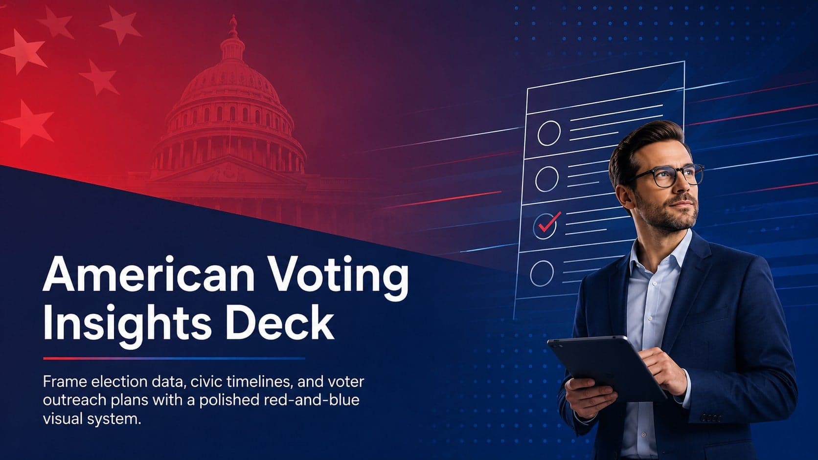 Cover of the American Voting Insights Deck with modern red-and-blue gradient graphics and a nonpartisan election briefing subtitle.