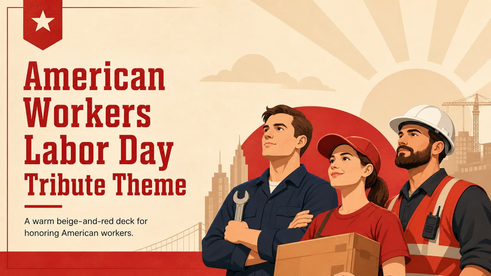 Cover for the American Workers Labor Day Tribute Theme with warm beige tones, red accents, and original worker illustrations.