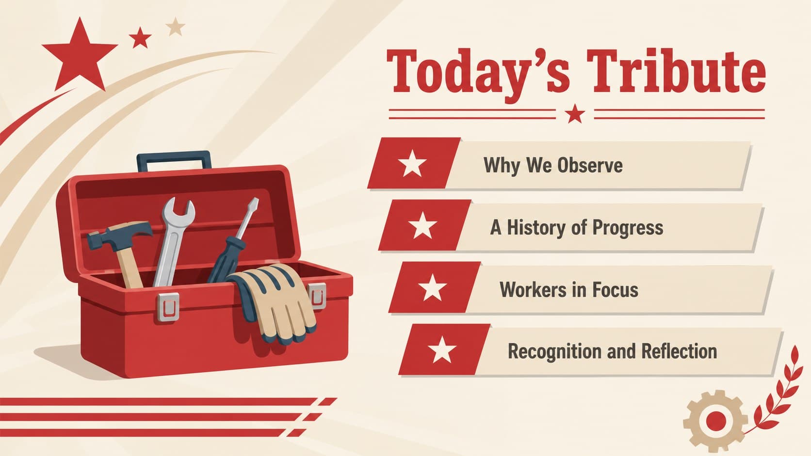Labor Day event agenda slide presenting four sections in a simple beige-and-red illustrated layout.