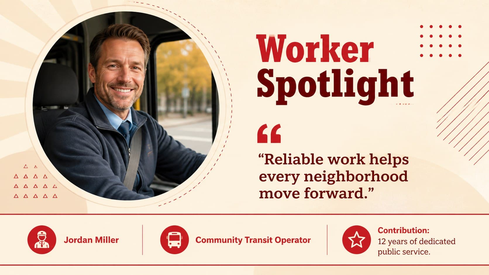 American worker spotlight slide with a portrait area, quotation, role, and contribution summary.