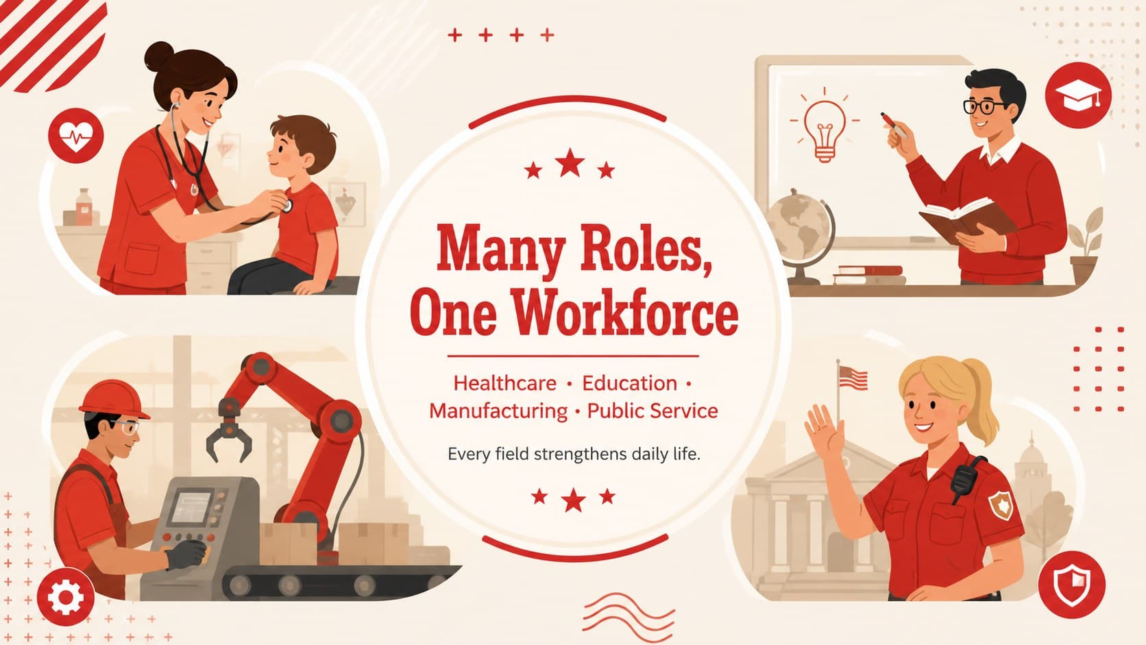 American workforce celebration slide highlighting healthcare, education, manufacturing, and public service.