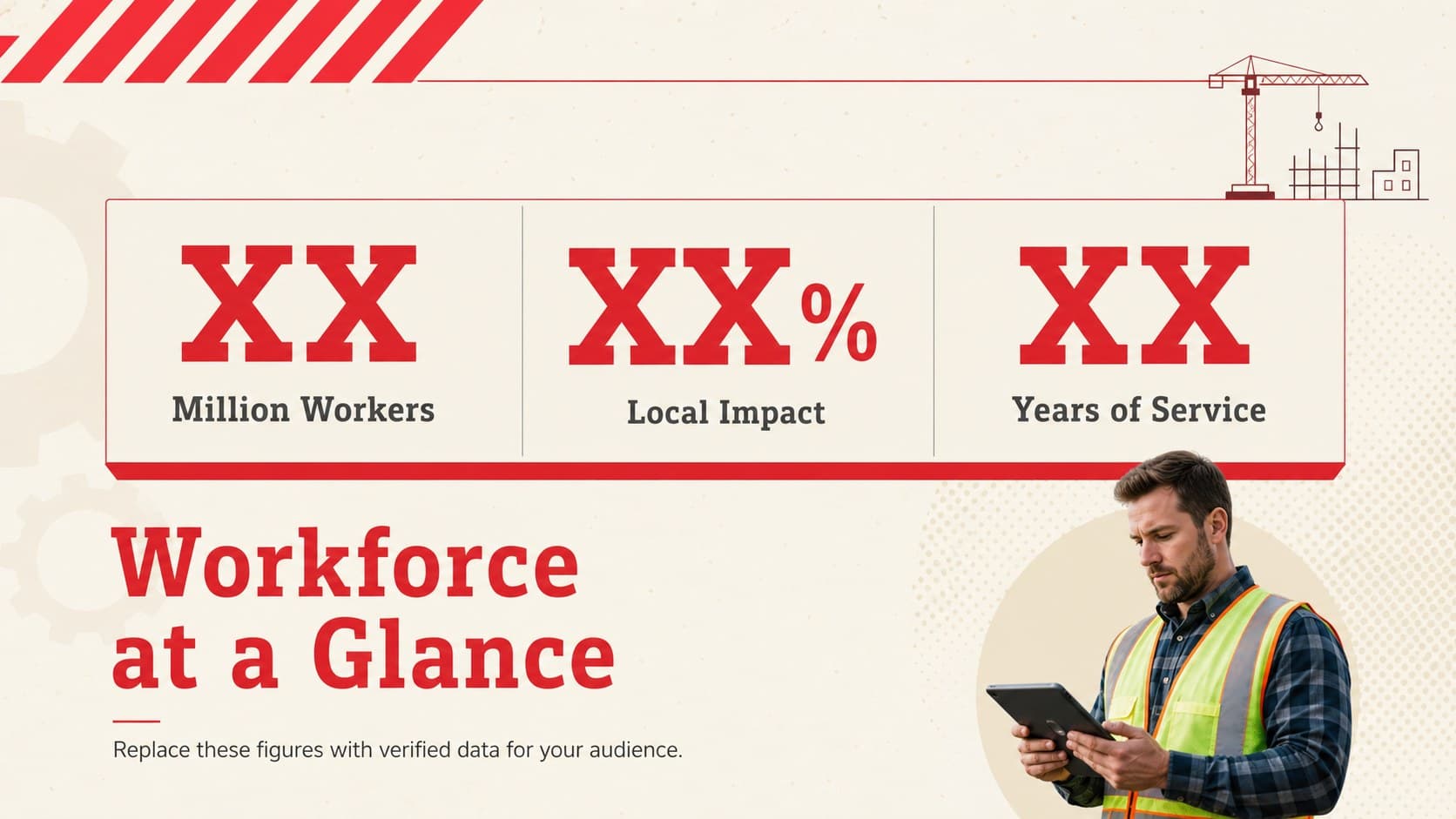 Labor Day key facts slide with three editable statistics and worker-themed decorative illustrations.