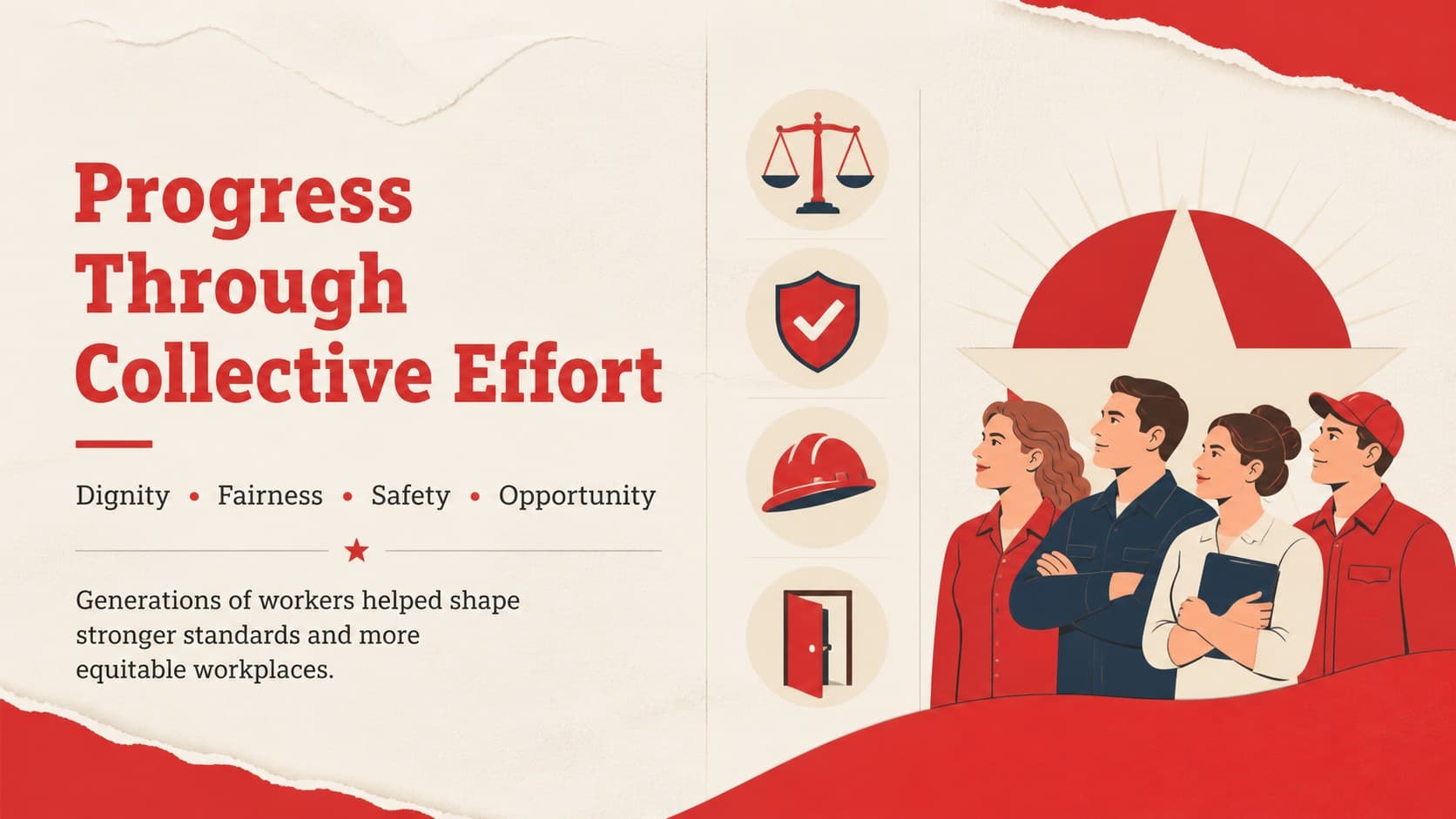 Labor movement classroom presentation slide summarizing dignity, fairness, safety, and opportunity.