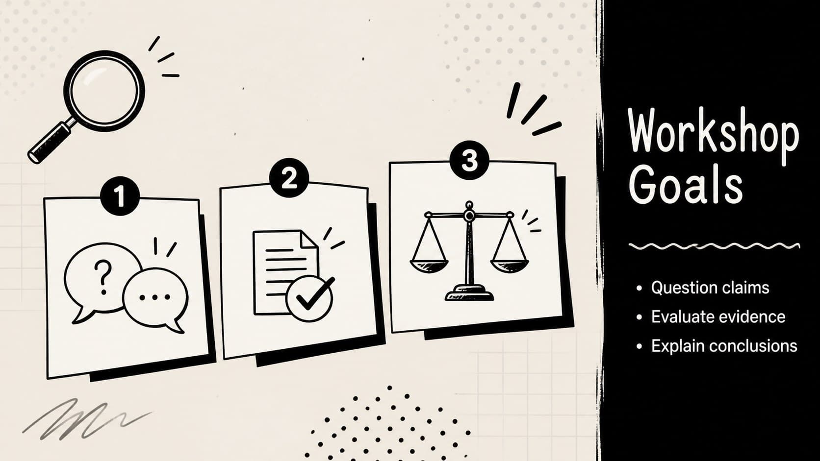 Workshop goals slide outlining evidence analysis and discussion skills for an analytical reasoning lesson.