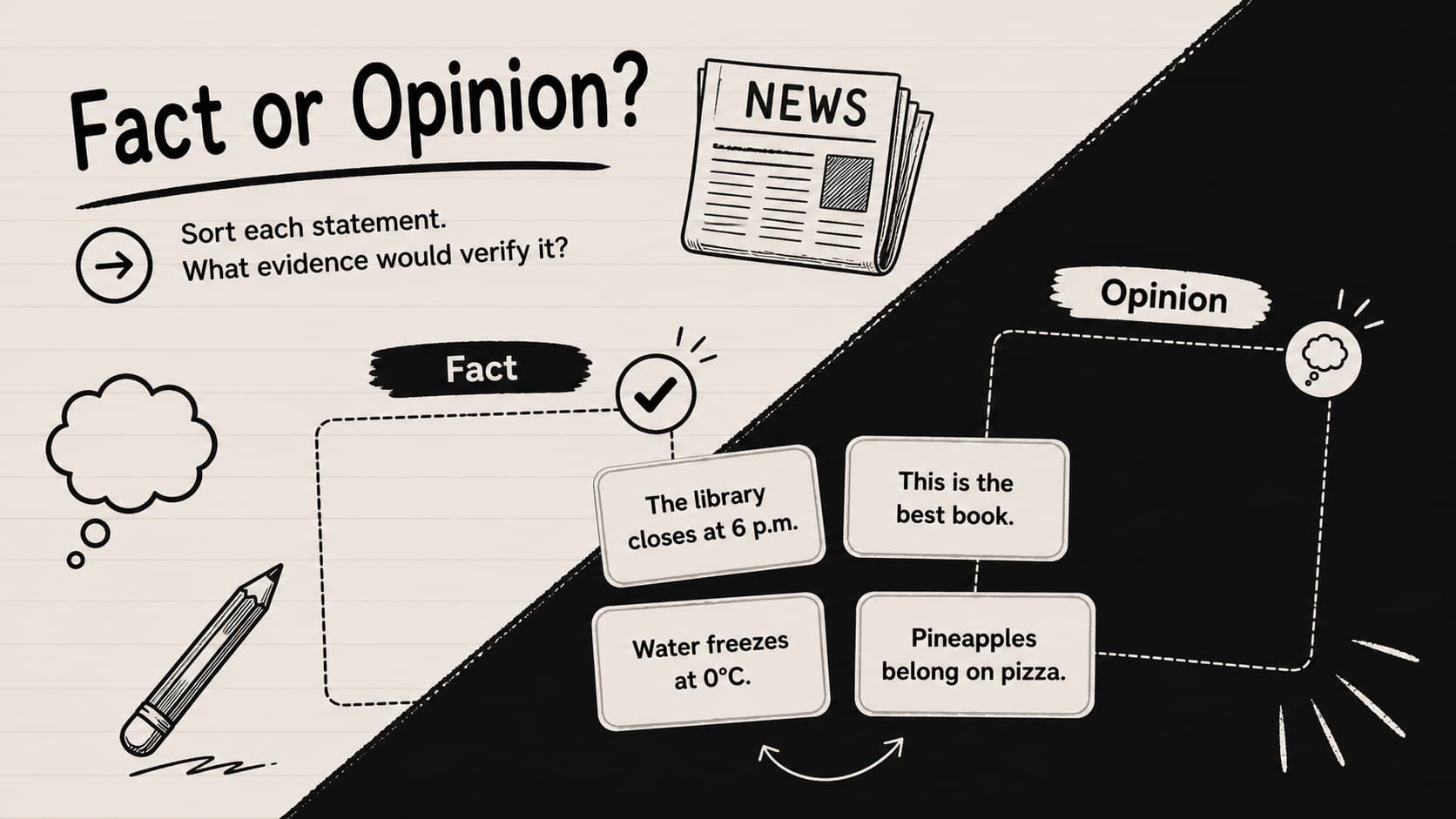 Fact versus opinion sorting activity in a black-and-white classroom reasoning deck.
