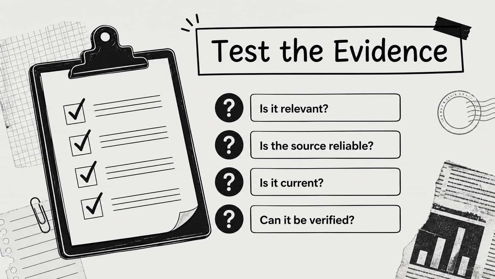 Evidence evaluation checklist slide for teaching students how to assess reliable sources.