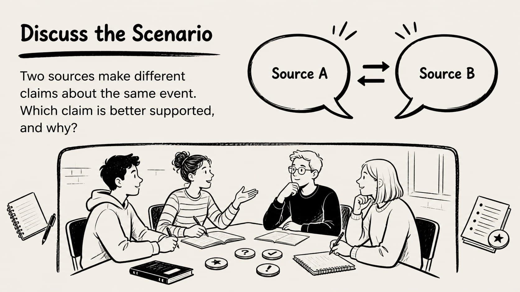 Class discussion scenario slide prompting students to compare claims and supporting evidence.