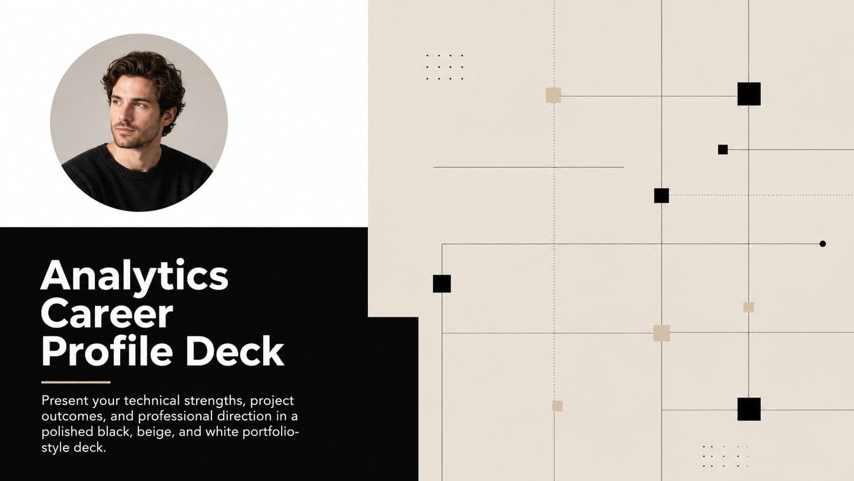 Minimal black and beige cover slide introducing an analytics career profile deck for data professionals.