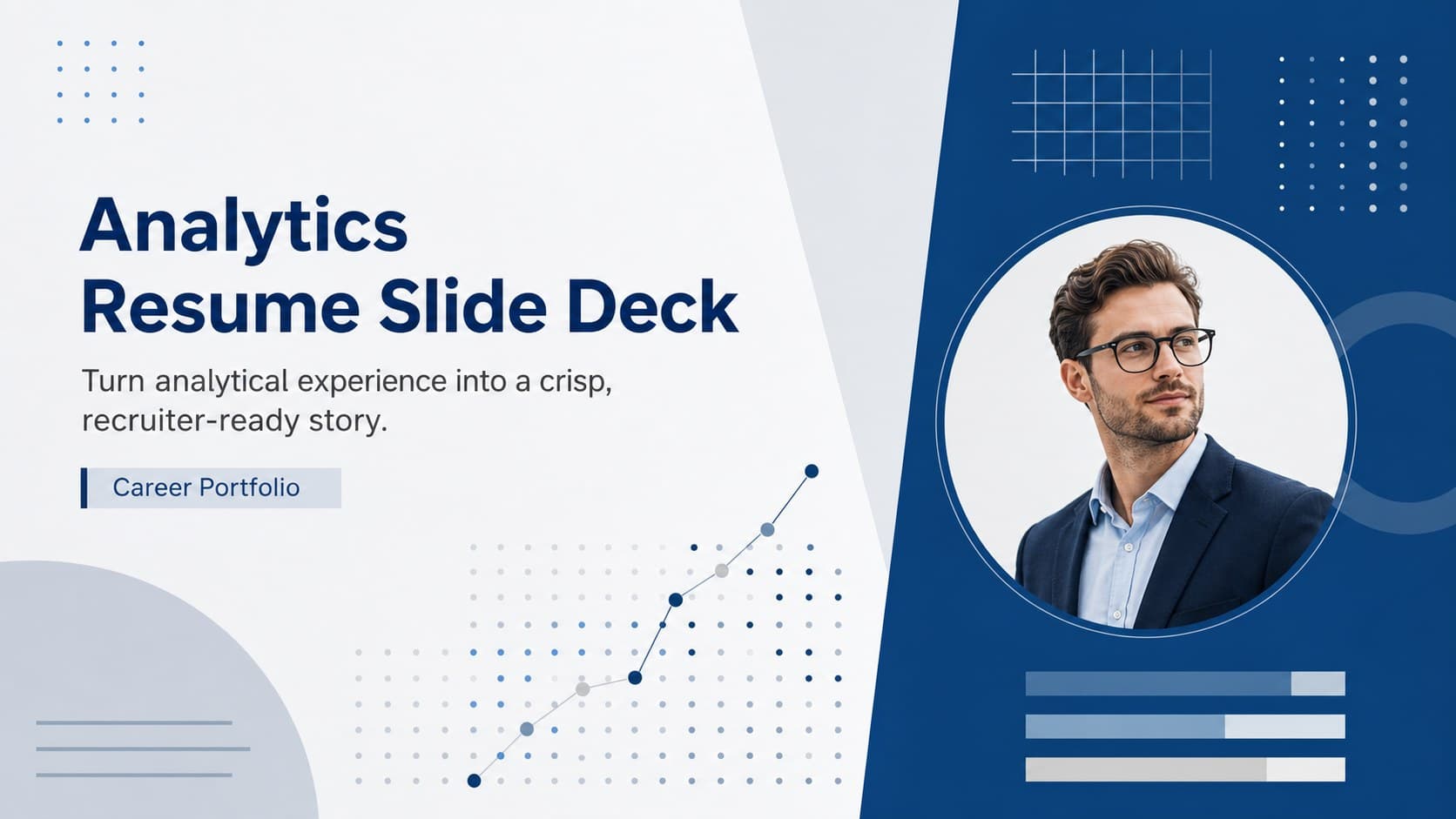 Cover of an analytics resume slide deck with a minimal blue, grey, and white professional layout.