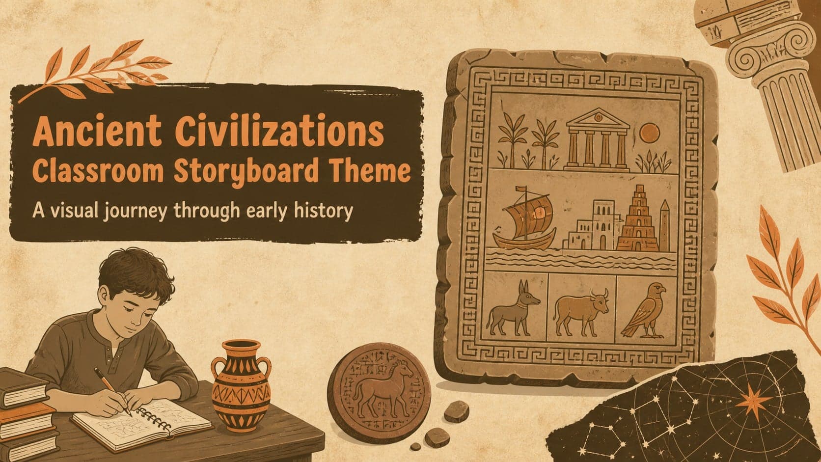 Cover slide for an ancient civilizations classroom theme with illustrated historical motifs in brown and orange.