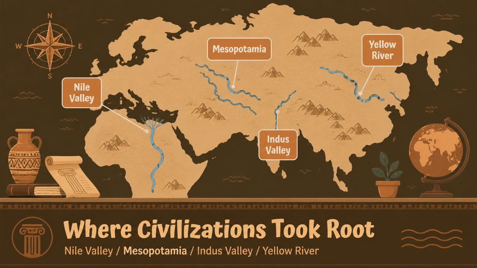 Map-focused world history slide locating river valleys and early settlements with warm illustrated graphics.