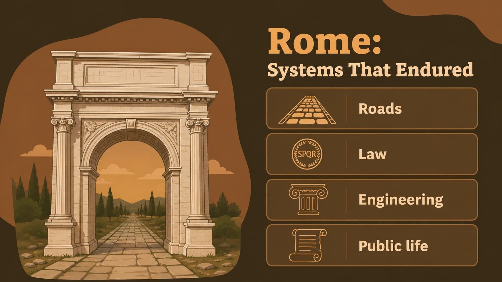 Illustrated ancient Rome classroom slideshow slide highlighting roads, law, and public life.